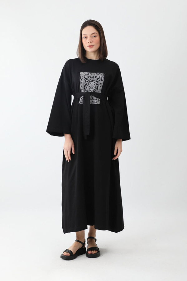 Anadolu Desen Baskılı Sweat Elbise Siyah - 6