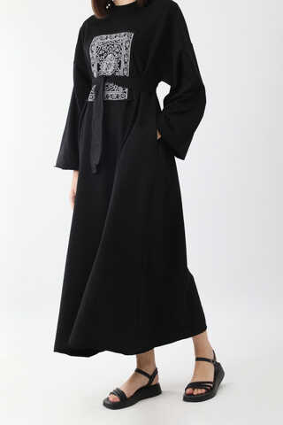 Anadolu Desen Baskılı Sweat Elbise Siyah - 7