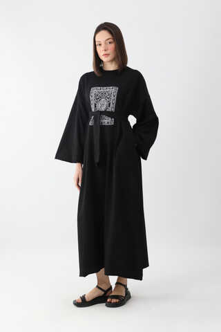 Anadolu Desen Baskılı Sweat Elbise Siyah - 8