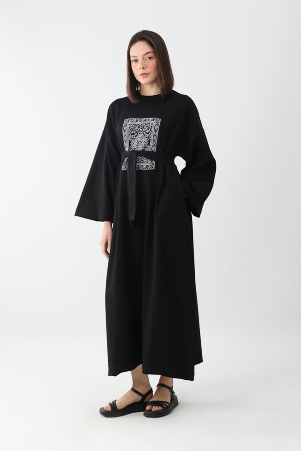 Anadolu Desen Baskılı Sweat Elbise Siyah - 8