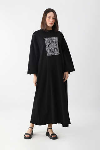 Anadolu Desen Baskılı Sweat Elbise Siyah - 4