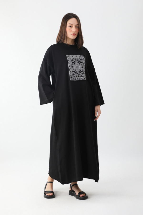 Anadolu Desen Baskılı Sweat Elbise Siyah - 1
