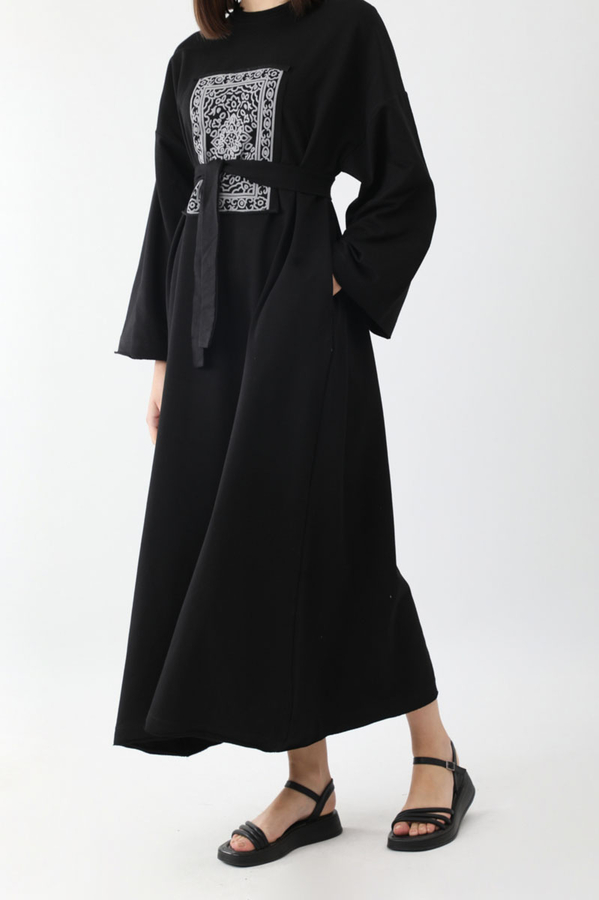 Anadolu Desen Baskılı Sweat Elbise Siyah - 7