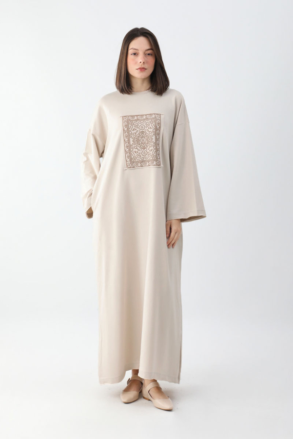 Anadolu Desen Baskılı Sweat Elbise Taş 