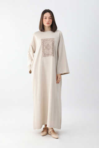 Anadolu Desen Baskılı Sweat Elbise Taş - 5