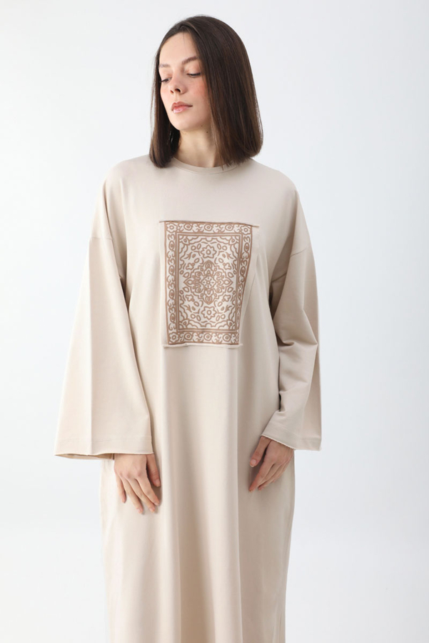 Anadolu Desen Baskılı Sweat Elbise Taş - 2