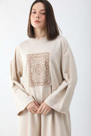 Anadolu Desen Baskılı Sweat Elbise Taş - 6