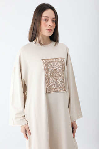 Anadolu Desen Baskılı Sweat Elbise Taş - 9