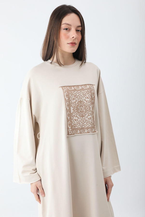 Anadolu Desen Baskılı Sweat Elbise Taş - 9