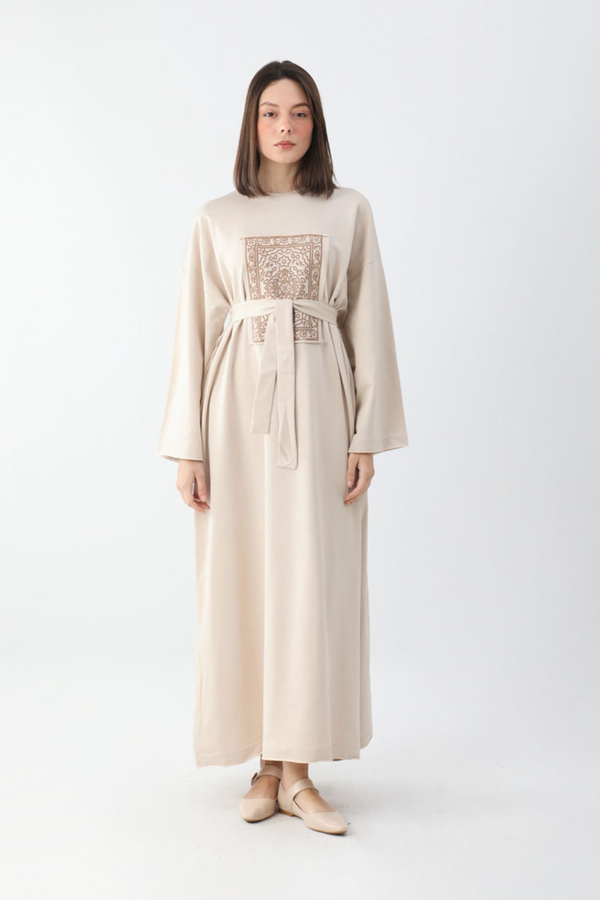 Anadolu Desen Baskılı Sweat Elbise Taş - 7