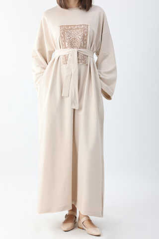 Anadolu Desen Baskılı Sweat Elbise Taş - 8