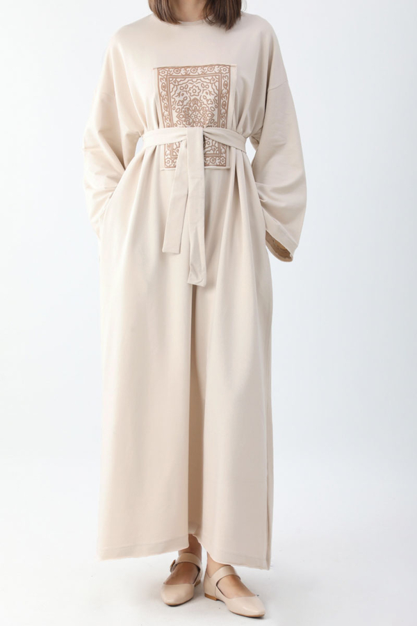 Anadolu Desen Baskılı Sweat Elbise Taş - 8