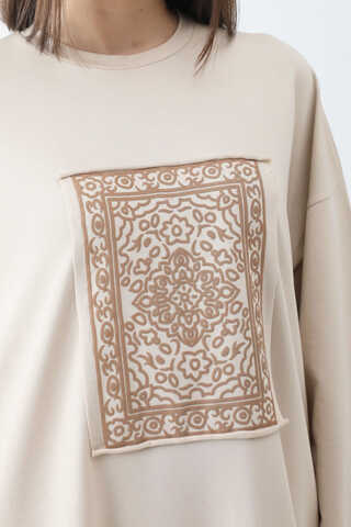 Anadolu Desen Baskılı Sweat Elbise Taş - 4