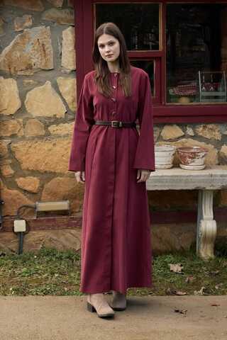 Antik Düğmeli Gabardin Elbise Bordo - 4