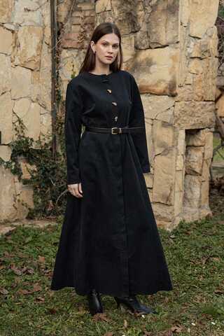 Antik Düğmeli Gabardin Elbise Siyah - 1