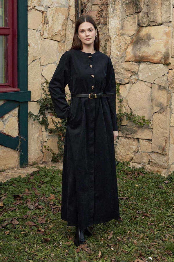 Antique Button Gabardine Dress Black - 4