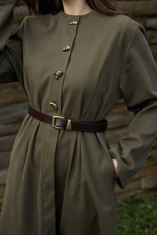 Antik Düğmeli Gabardin Elbise Haki - 1