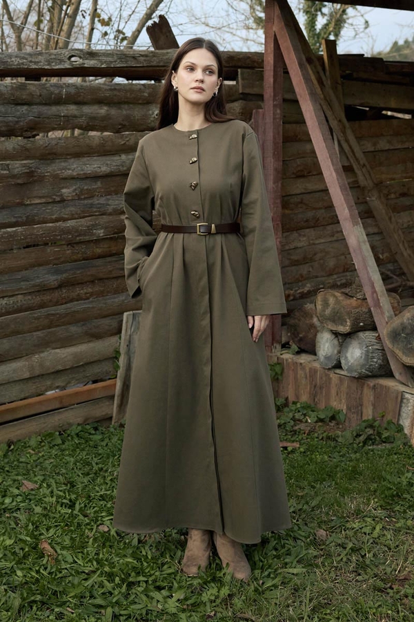 Antique Button Gabardine Dress Khaki - 2