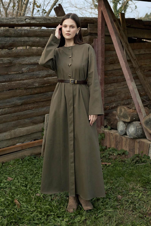 Antique Button Gabardine Dress Khaki - 3