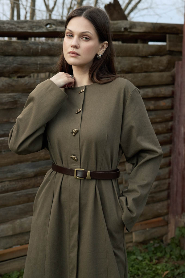 Antique Button Gabardine Dress Khaki - 4