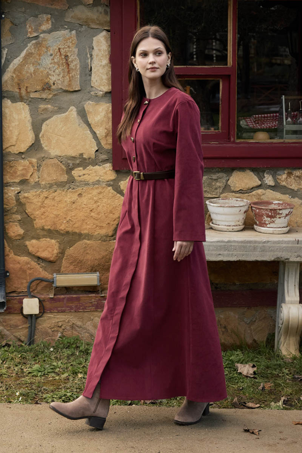 Antique Buttoned Gabardine Dress Burgundy - 1