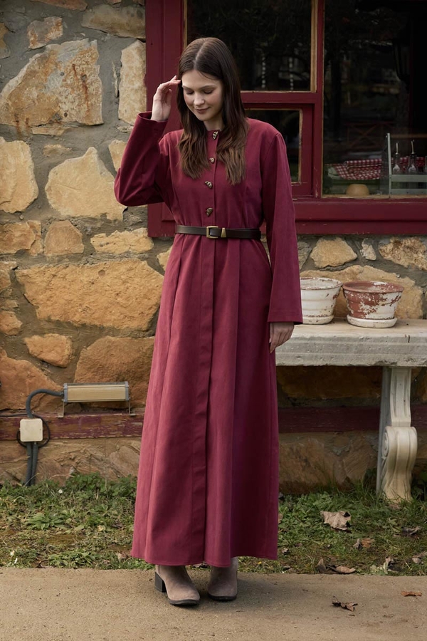 Antique Buttoned Gabardine Dress Burgundy - 5