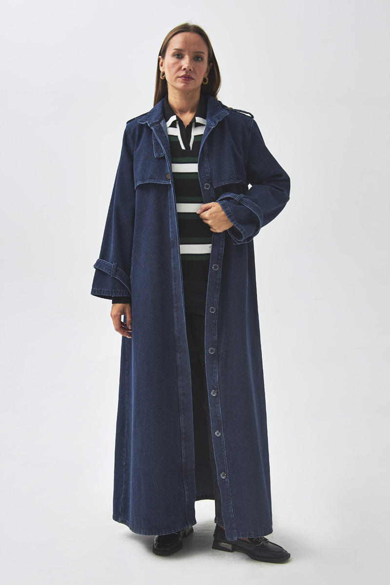 Apolet Detaylı Denim Trençkot Açık Mavi