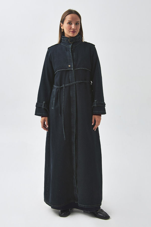 Apolet Detaylı Denim Trençkot Koyu Mavi - 3