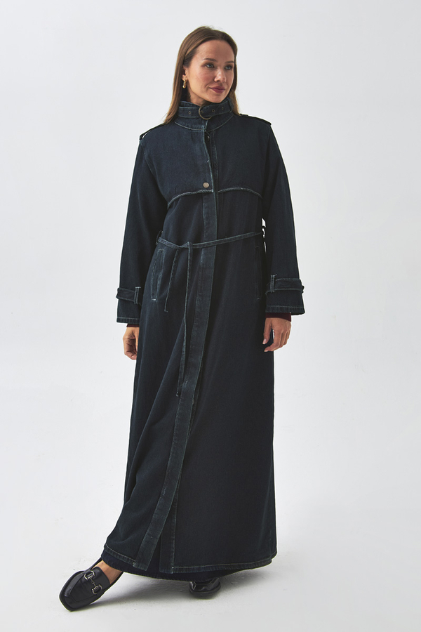 Apolet Detaylı Denim Trençkot Koyu Mavi - 8