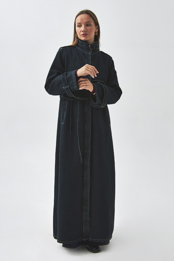 Apolet Detaylı Denim Trençkot Koyu Mavi - 6