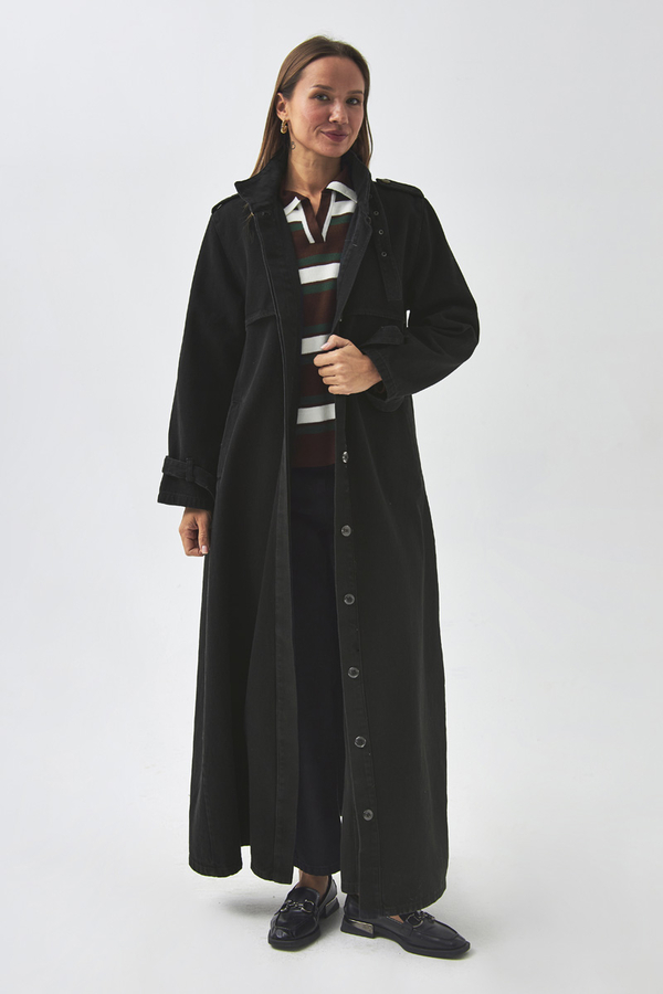 Apolet Detaylı Denim Trençkot Siyah - 2