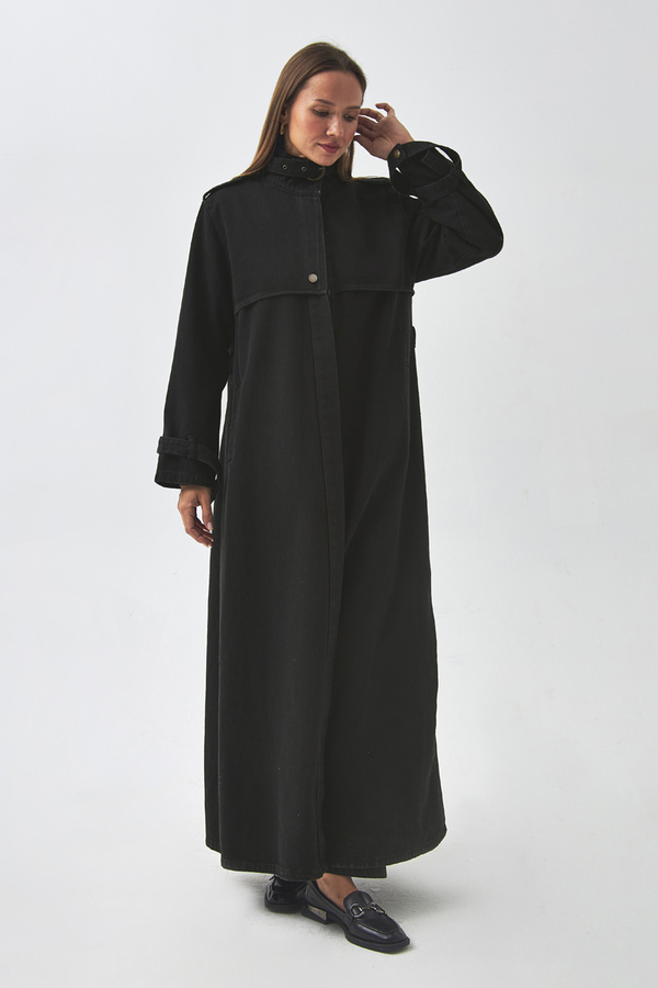 Apolet Detaylı Denim Trençkot Siyah - 3