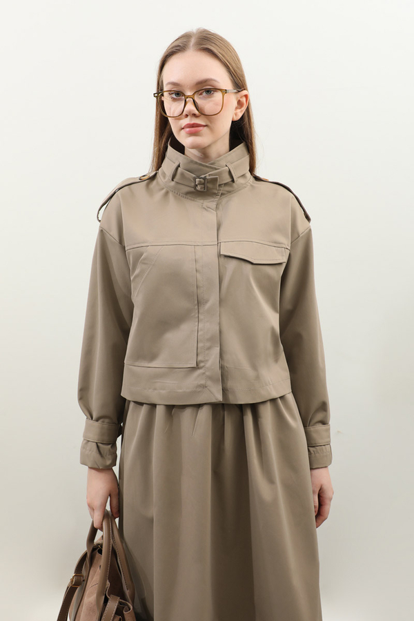 Apolet Detaylı Etek Takım Vizon - 7