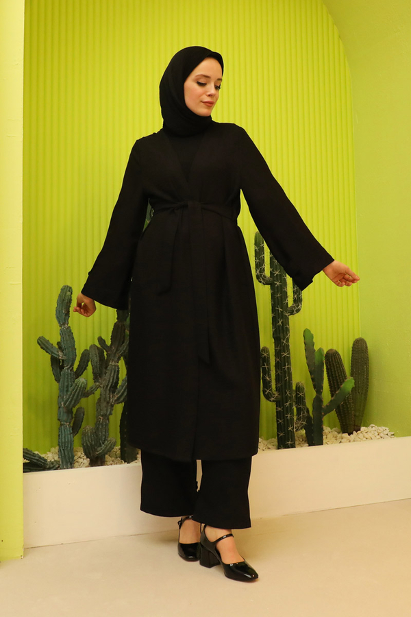 Apolet Detaylı Kuşaklı Takım Siyah - 1