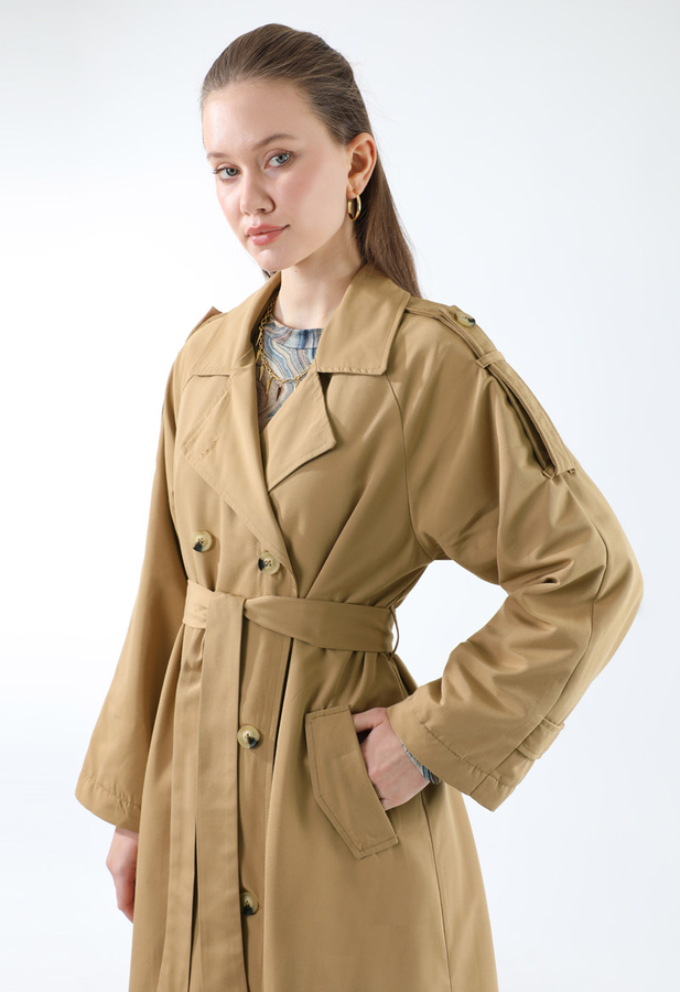 Apolet Detaylı Uzun Trenç Camel - 7