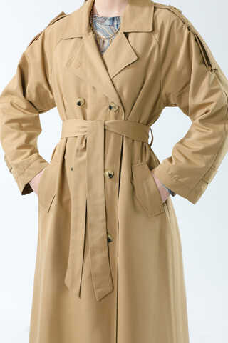 Apolet Detaylı Uzun Trenç Camel - 12