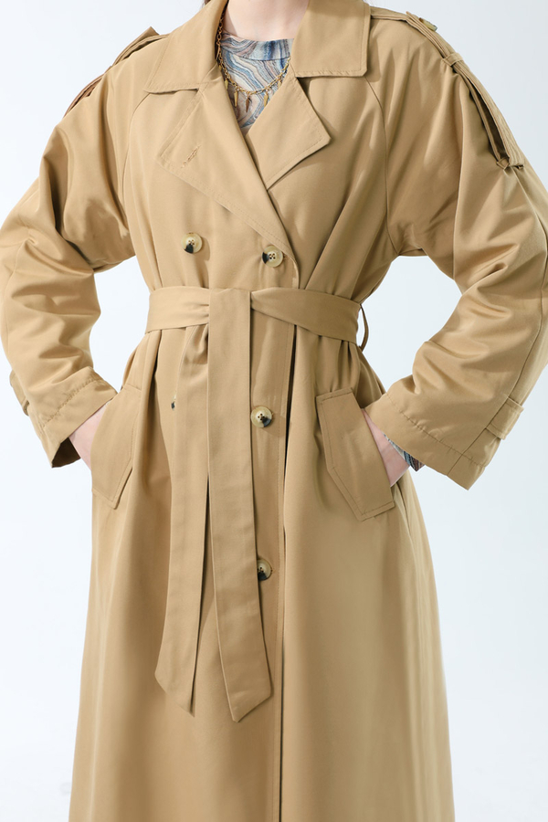 Apolet Detaylı Uzun Trenç Camel - 12