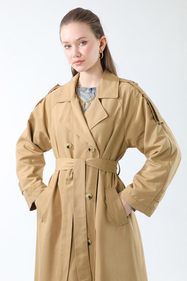 Apolet Detaylı Uzun Trenç Camel - 9