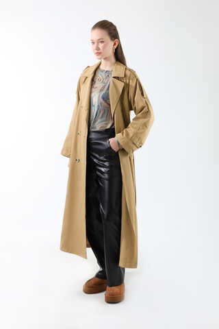 Apolet Detaylı Uzun Trenç Camel - 4