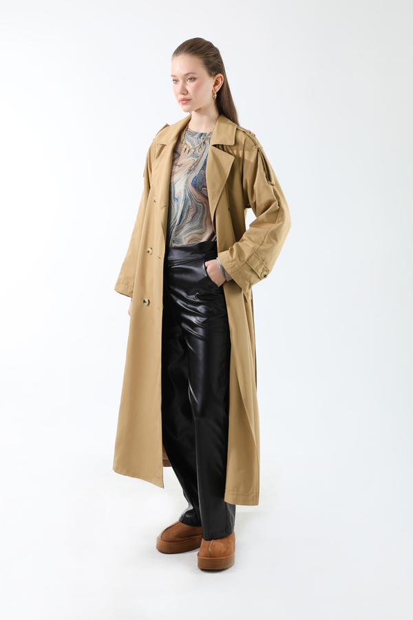 Apolet Detaylı Uzun Trenç Camel - 4