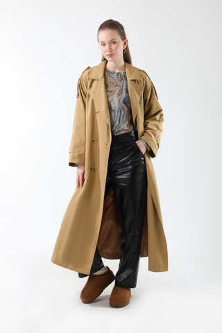 Apolet Detaylı Uzun Trenç Camel - 1