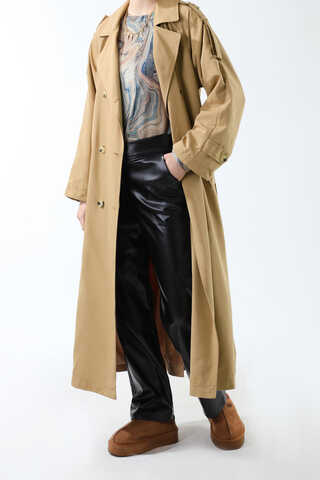 Apolet Detaylı Uzun Trenç Camel - 13