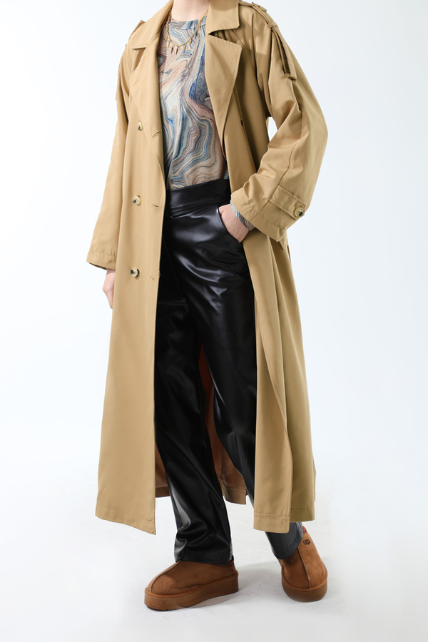 Apolet Detaylı Uzun Trenç Camel - 13