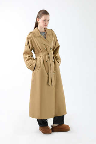 Apolet Detaylı Uzun Trenç Camel - 6