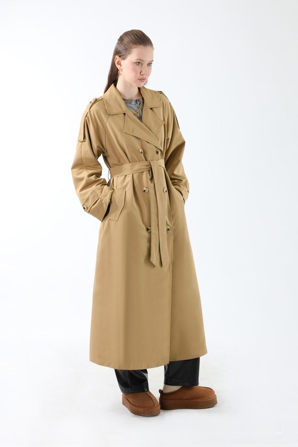 Apolet Detaylı Uzun Trenç Camel - 6