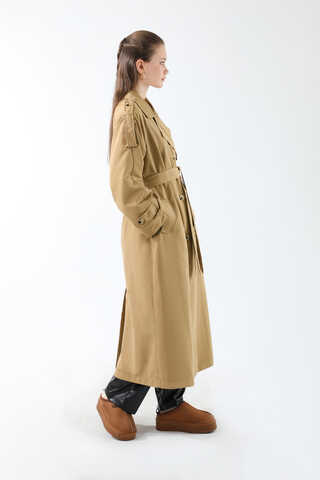 Apolet Detaylı Uzun Trenç Camel - 14