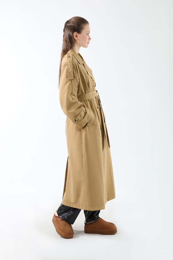 Apolet Detaylı Uzun Trenç Camel - 14