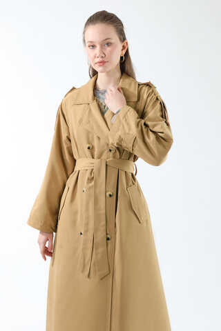 Apolet Detaylı Uzun Trenç Camel - 2