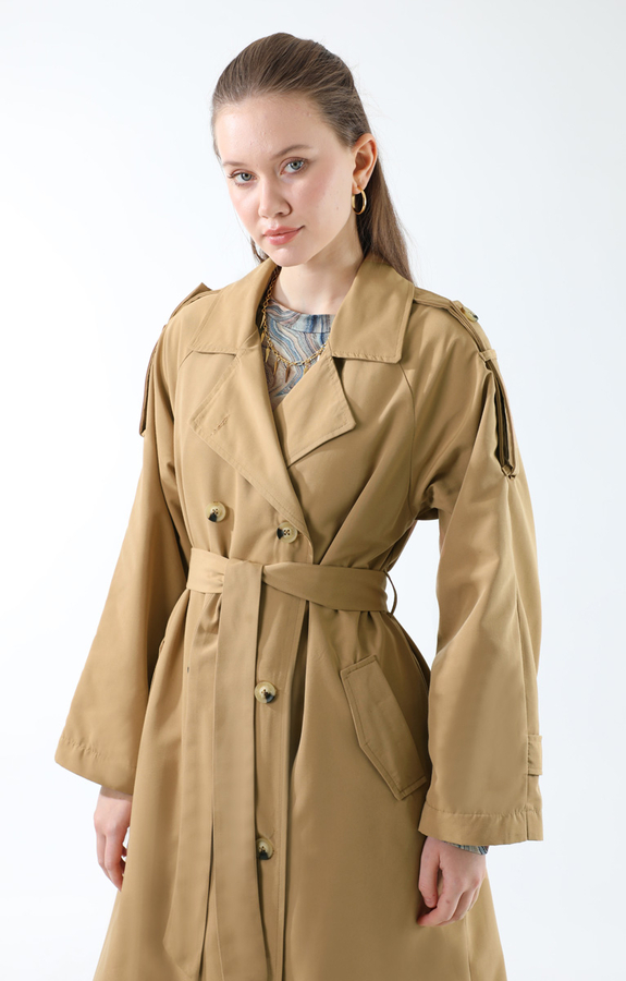 Apolet Detaylı Uzun Trenç Camel - 5