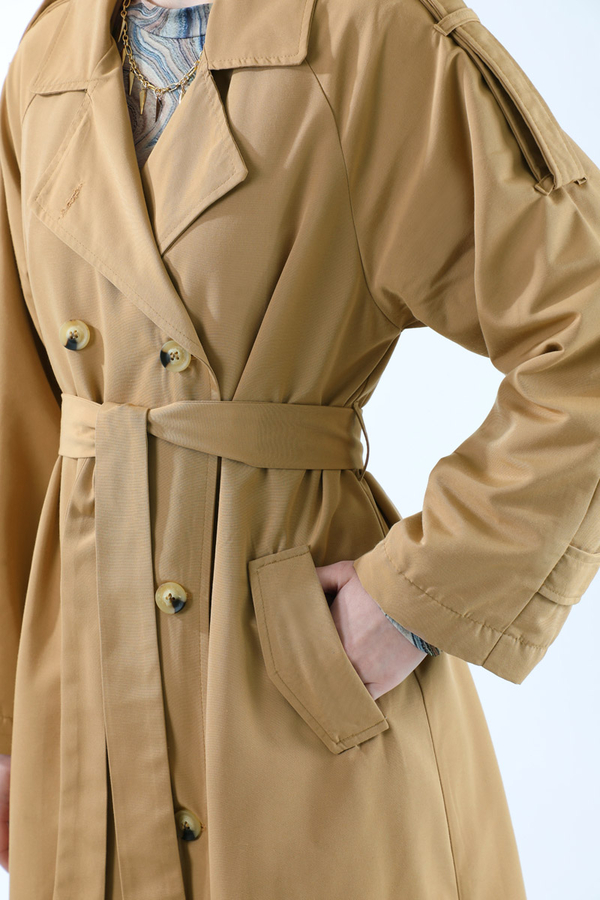 Apolet Detaylı Uzun Trenç Camel - 11